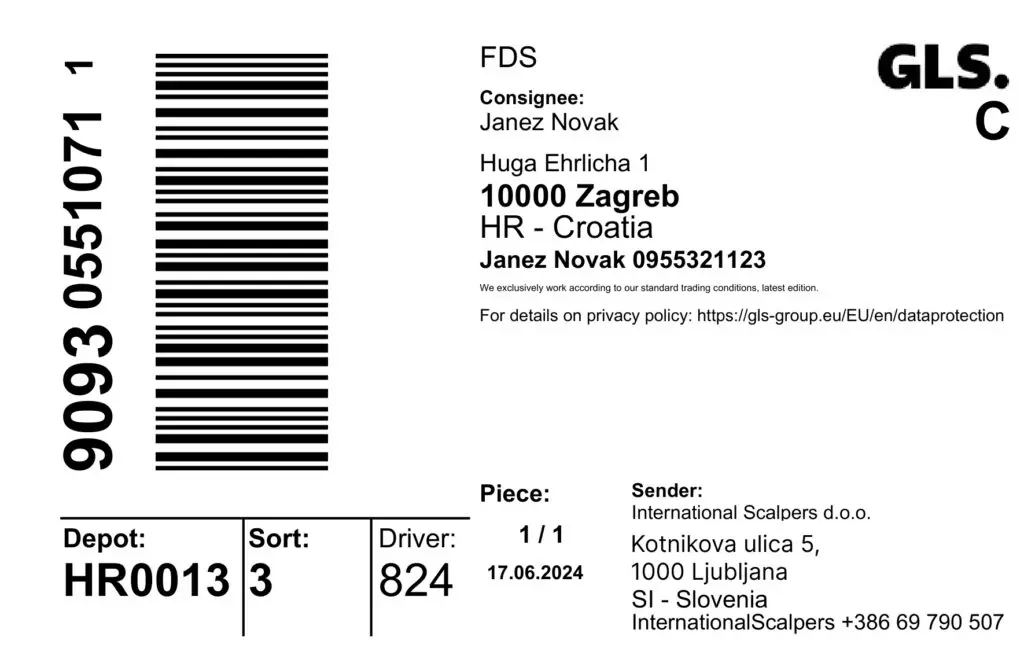 Primer dostavne etikete